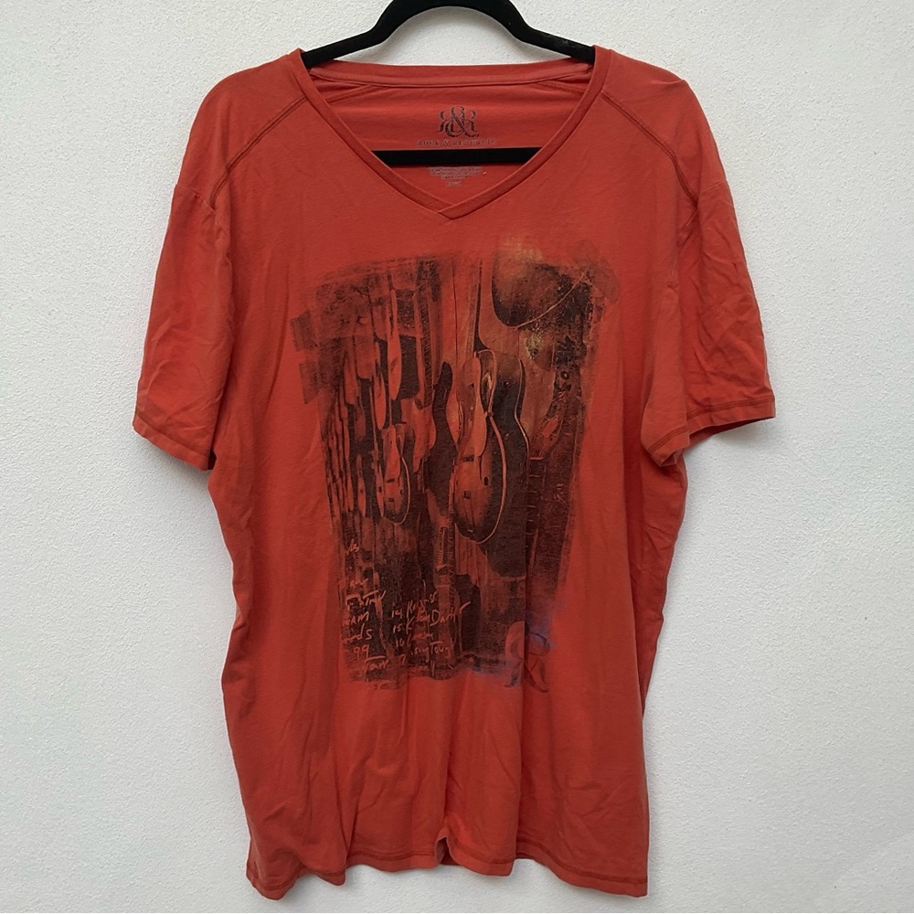 Rock and Republic Orange V-Neck Distressed Guitar Graphic Tee Size XL Men's